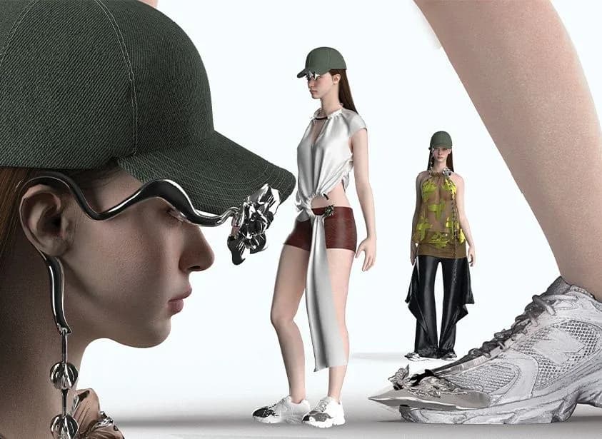 Moda digital en 3D: gorra verde, gafas y pendientes de metal líquido plateado y unas zapatillas gigantes