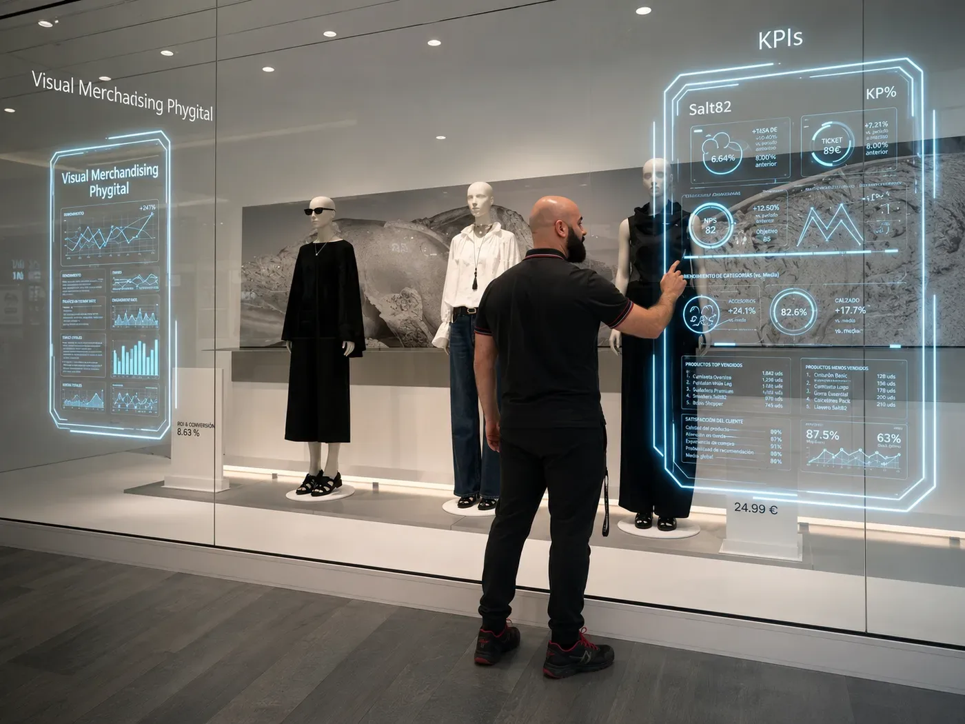 Escaparate interactivo con los KPIs de una tienda proyectados en el cristal