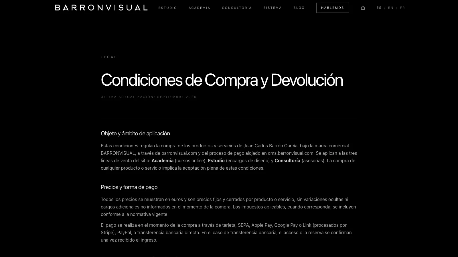 Página de condiciones de compra y devolución de BARRONVISUAL con apartados de precios, formas de pago y acceso según el producto