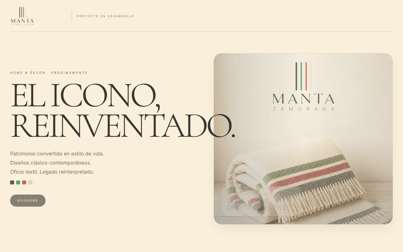 Página de próximamente de Manta Zamorana con el titular El icono, reinventado y una manta de lana con rayas de colores