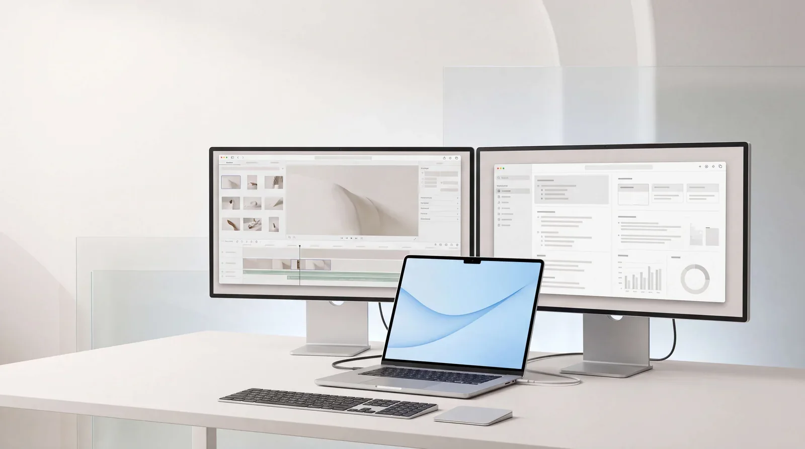 Estudio luminoso con dos monitores y un portátil trabajando en diseño y analítica web